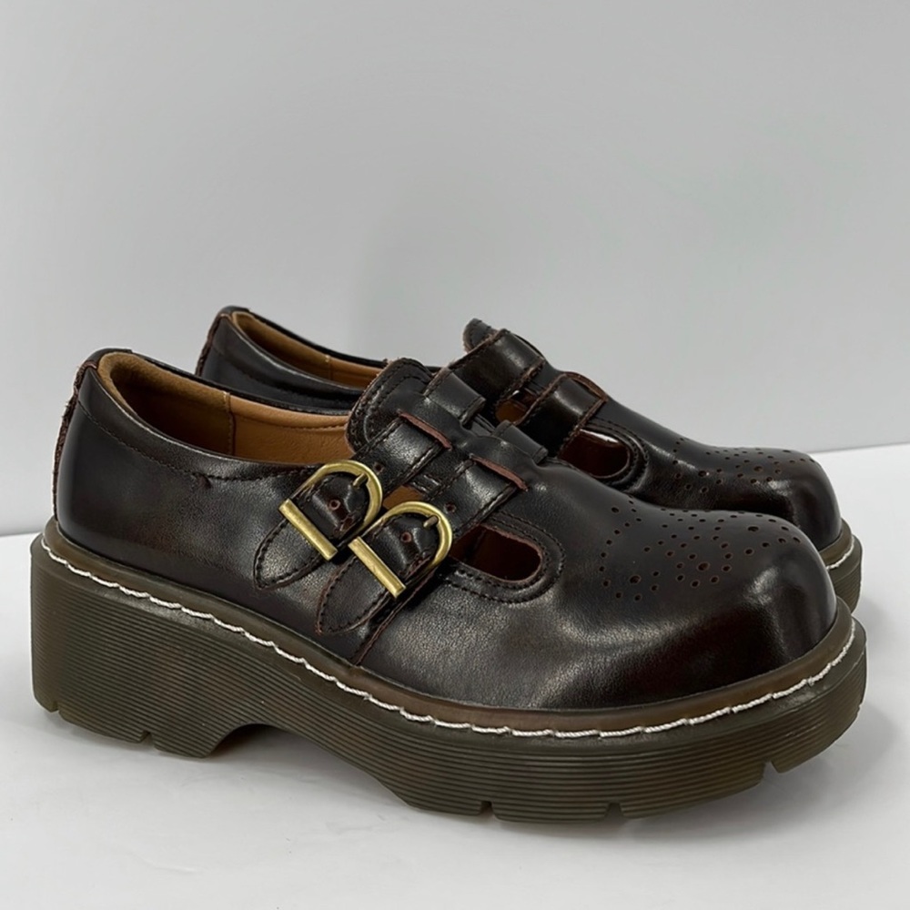 Meizudongli Literary Retro Mary Janes Platform Chunky Schoolgirl Lug Sole Brown